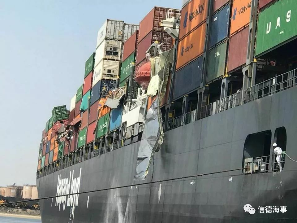 突發(fā)！赫伯羅特和以星大型集裝箱船在卡拉奇碼頭相撞，大量貨柜落水受損?。ǜ揭曨l）