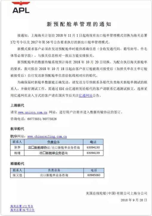 出口海運(yùn)通知!10月20日上?？诎秾?shí)行新艙單制度海運(yùn)出口,違者將無法上船