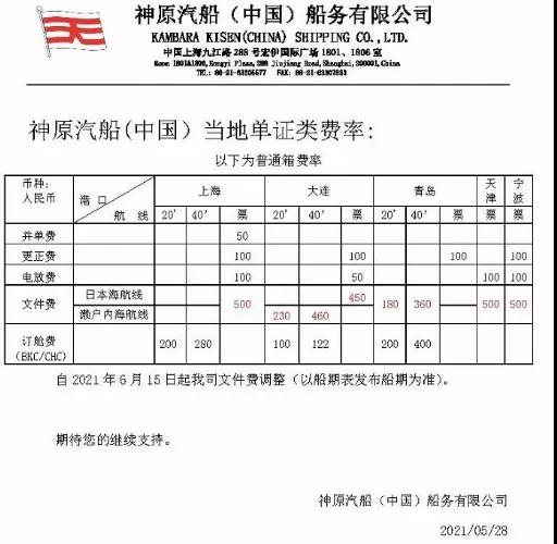 神原汽船上調(diào)自寧波出口至日本偏港的所有預(yù)付海運(yùn)費(fèi)